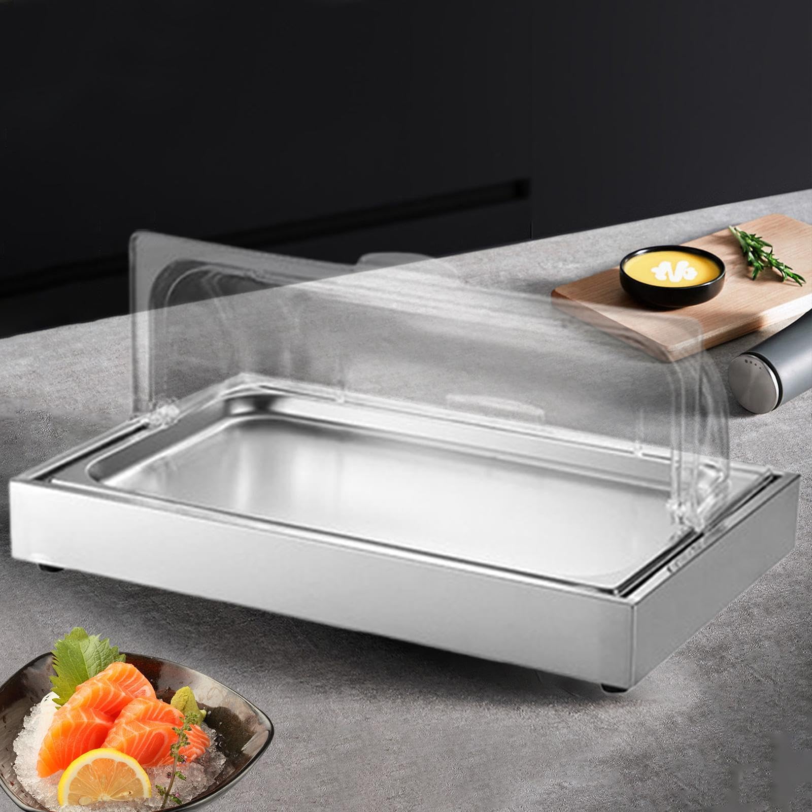 Bandeja de Servicio Frío con Tapa Abatible Placa de Exhibición para Fuente de Buffet Enfríadora Soporte de Presentación de Alimentos Acero, Plata
