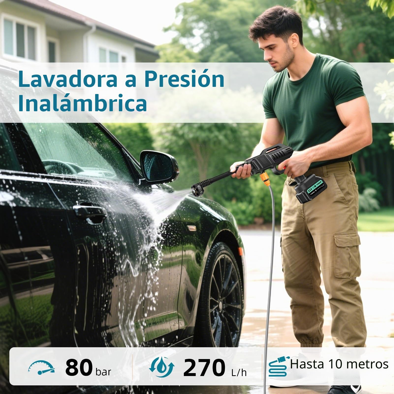 Sararoom - Limpiador de alta presión inalámbrico (máximo 80 bar, 270 l/h, pistola de alta presión con batería, portátil a presión Washer | 2 baterías, boquilla ajustable 6 en 1, manguera 5 m, para