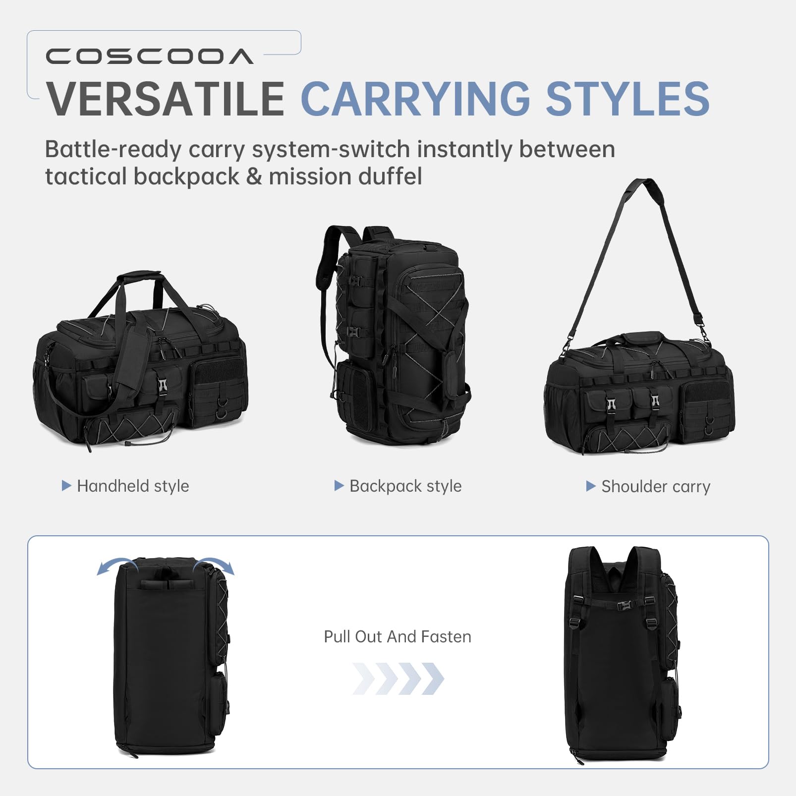 Turnbeutel für Herren mit Schuhfach, 50 l/60 l, taktische Reisetasche, 3-in-1-Handgepäcktasche, Reiserucksack, Wochenender, Übernachtungstasche für Workout, Fußball, Schwarz, Schwarz, 60L