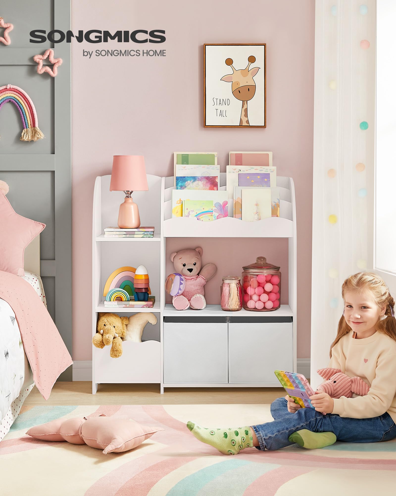 SONGMICS Scaffale per Giocattoli, Libreria per Bambini, Mobile Cameretta con 2 Ceste Portagiochi, Stanza dei Giochi, Soggiorno, Bianco Nuvola GKR042W01