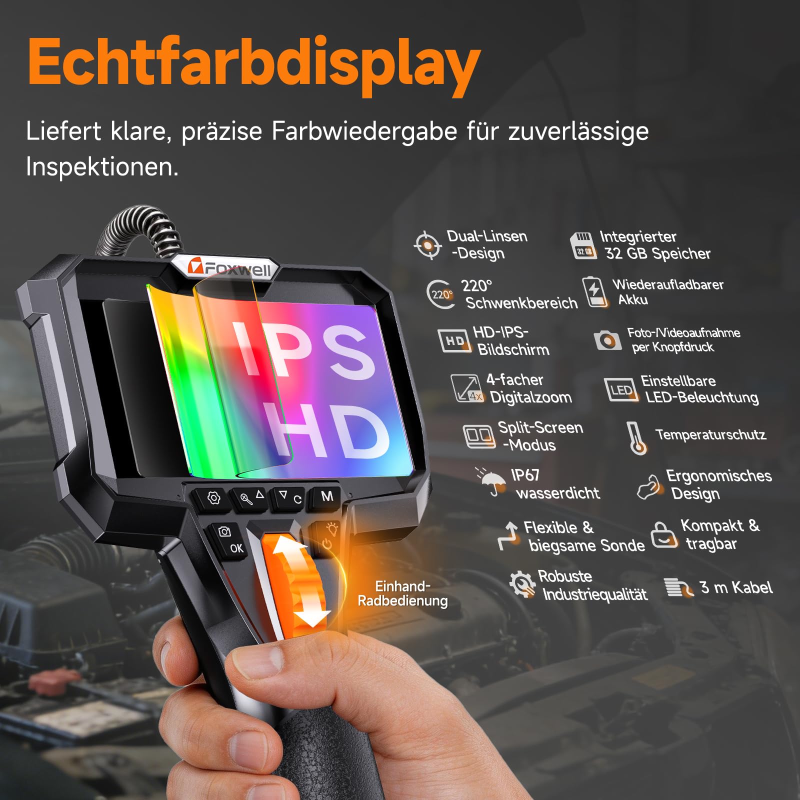FOXWELL Dual Lens 220° Drehbar Endoskopkamera mit Licht, 3m 1080P Endoskop | IP67 Wasserdichtes Inspektionskamera, 7 LEDs, 32GB Karte, 3m Schwanenhals Endoskopkamera Beweglicher Kopf, 1080P HD Video