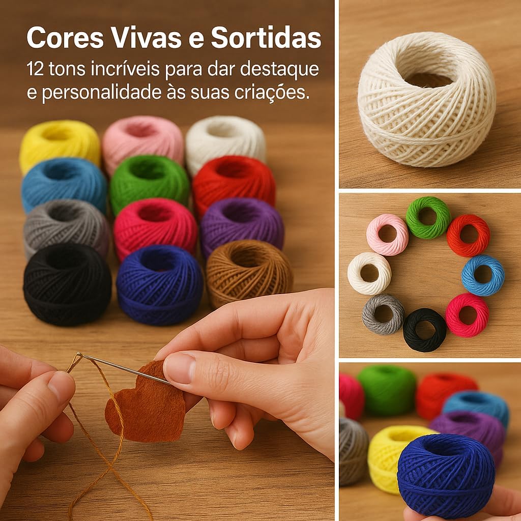 Kit 12 Linhas de Croche Coloridas 100% Algodão Cores Vivas Não Desbotam