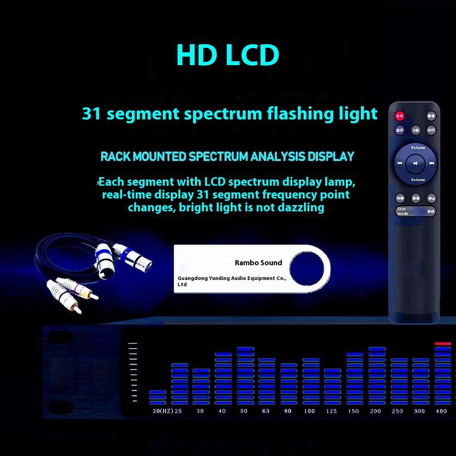 Processore di equalizzazione musicale, analizzatore di spettro digitale a 31 bande con telecomando e display LCD, riduzione intelligente del rumore per palcoscenico e KTV