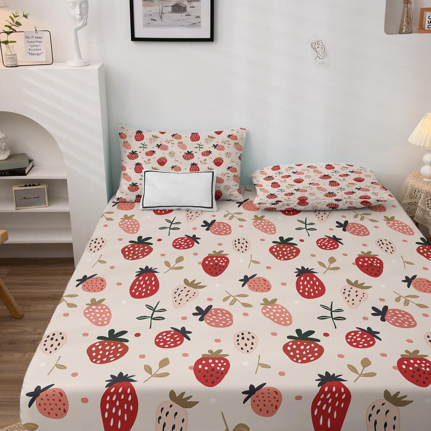 Strawberry Sheets Queen Size & Bedroom Decor - Girls Cute Fruit Bed Sheets - Soft Breathable Microfiber Deep Pocket Patterned Bedding Sheets & Pillowcases