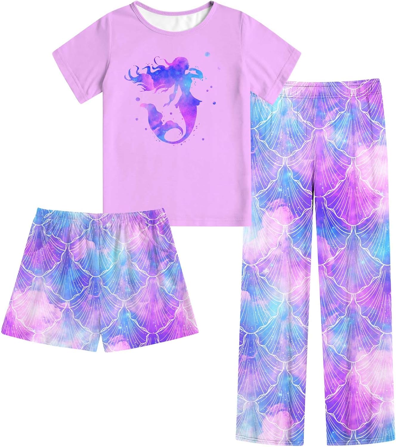 Funnycokid Girls Pajamas 3 Piece Short Sleeve Shirt Top Pants Shorts with Pockets 7-14 Years