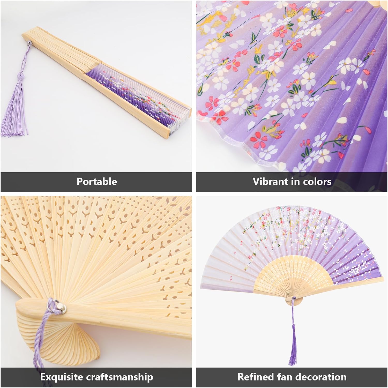 Fumwase 4 Pcs Handheld Folding Fan Small Chinese Silk with Tassel Floral Manual Fan Handheld Bulk for Women and Men Music Festival Dance Party Decoration