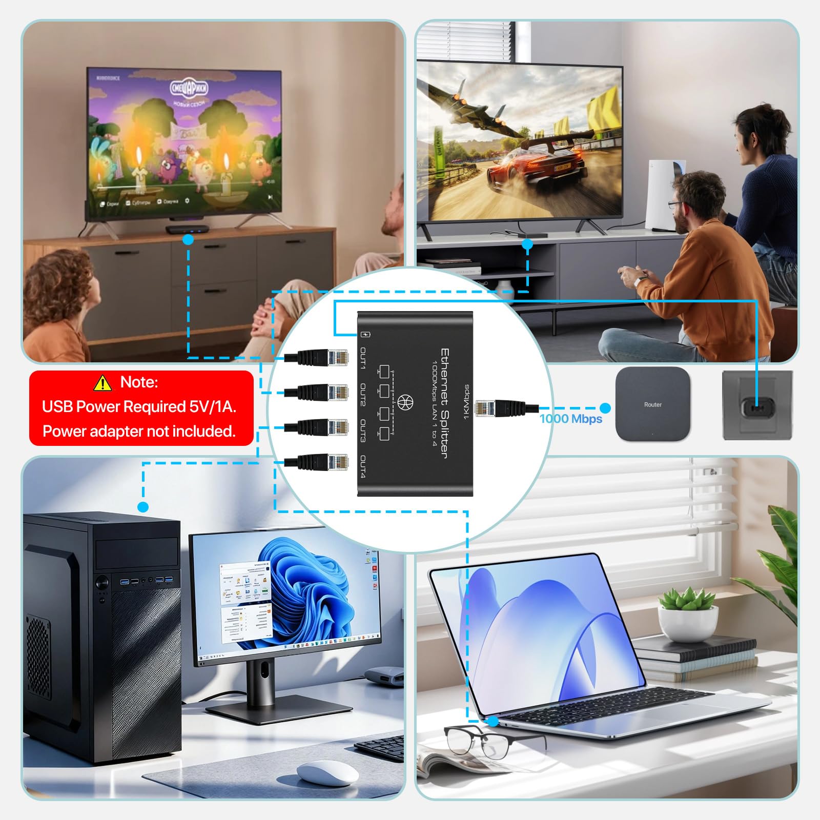 KiWiBiRD Rozdzielacz ethernet 1 do 4 porty, lan splitter adapter 1000 Mbps RJ45 sieciowy Network Internet Gigabit do Cat 8 7 6 5e 5 kompatybilny z Router Gaming PC Computer Laptop PS5 PS4 Xbox TV Box