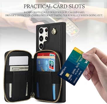 Phone Case for Samsung Galaxy S21 Ultra 5G Wallet Cell Cover with Tempered Glass Screen Protector Wrist Crossbody Strap Lanyard RFID Blocking Card Holder S21ultra 21S S 21 21ultra G5 Women Girls Black