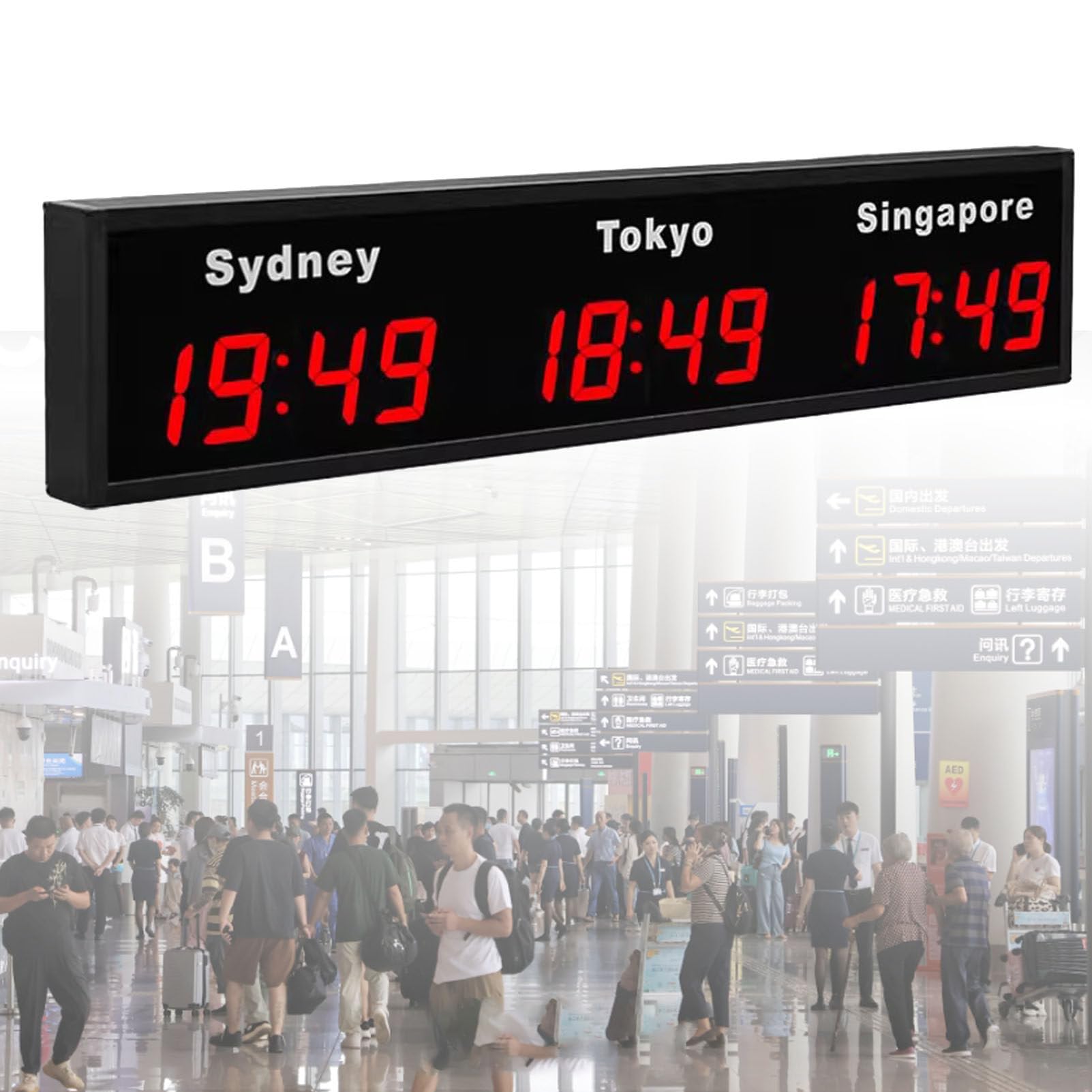 KUNYOS World Time Zones Clock, LED Digital Multiple 3/4/5 Cities Wall for Hotels/Enterprises/Airports/Multinational Enterprises Blue-3City (3city Red)