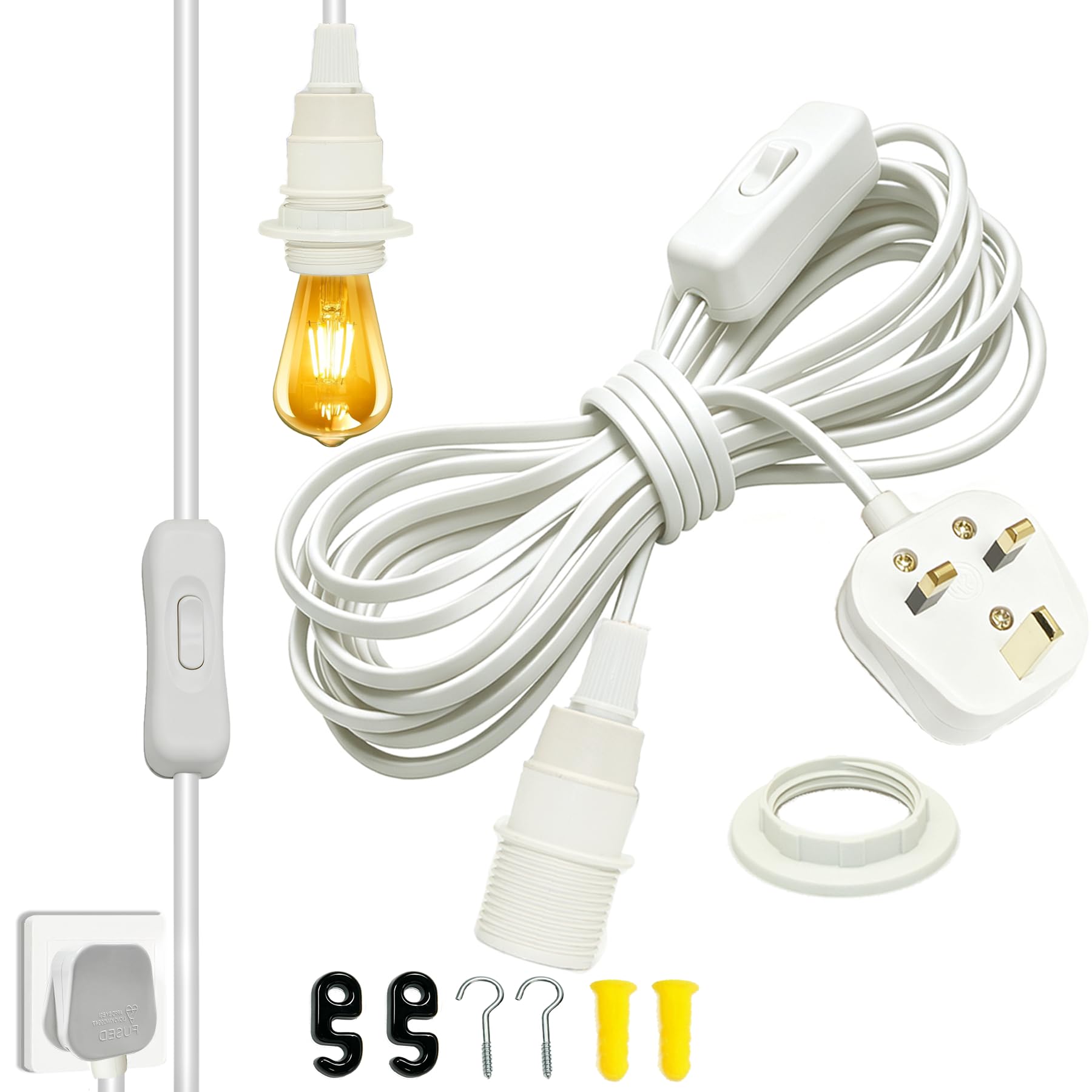 Suspended Pendant Light Fitting Kit, 4.5M Plug in Pendant Light Cable with Switch and Plug, E14 Lamp Holder with Ring for Lampshade, Hanging Lights for Indoor Lighting Floor Table Lamp Replacement