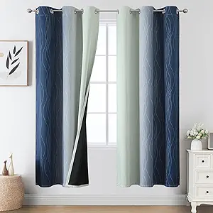 Estelar Textiler Navy Blue and Sage Green Ombre Blackout Curtains 72 Inches Long 2 Panels, Full Room Darkening Grommet Curtains for Bedroom, Thermal Insulated Light Blocking Gradient Drapes, 42Wx72L