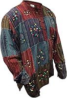 EzHiPpiE Mens Handmade Patchwork Hippie Shirt - Stonewashed Bohemian Long Sleeve Festival Beach Shirt