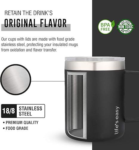 Miniatura 4 de Life's Easy Taza de acero inoxidable de 12 onzas con asa, vaso de viaje aislado de doble pared con tapa abatible, taza térmica para café, agua,