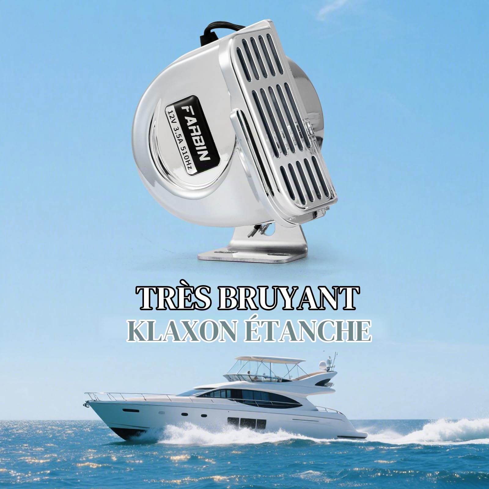 FARBIN Klaxon marin pour bateaux, 12 V, étanche, 510 Hz, en acier inoxydable, pour bateaux, voiliers, yachts, camions, SUV, RV, tourisme, voiture, etc.