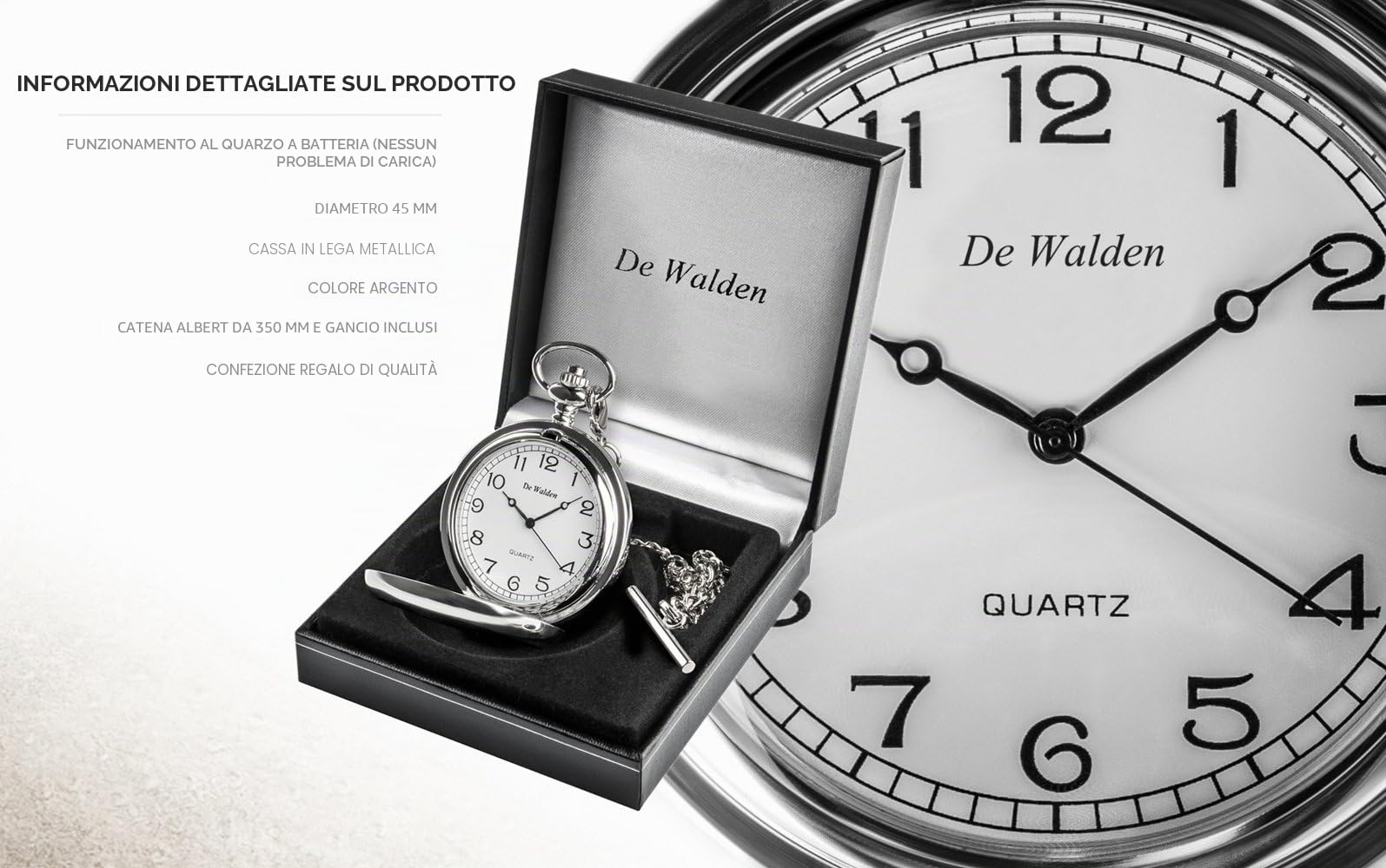 Orologio da taschino con il numero 80 inciso sulla cassa, contenuto in una scatola regalo in raso di alta qualità.