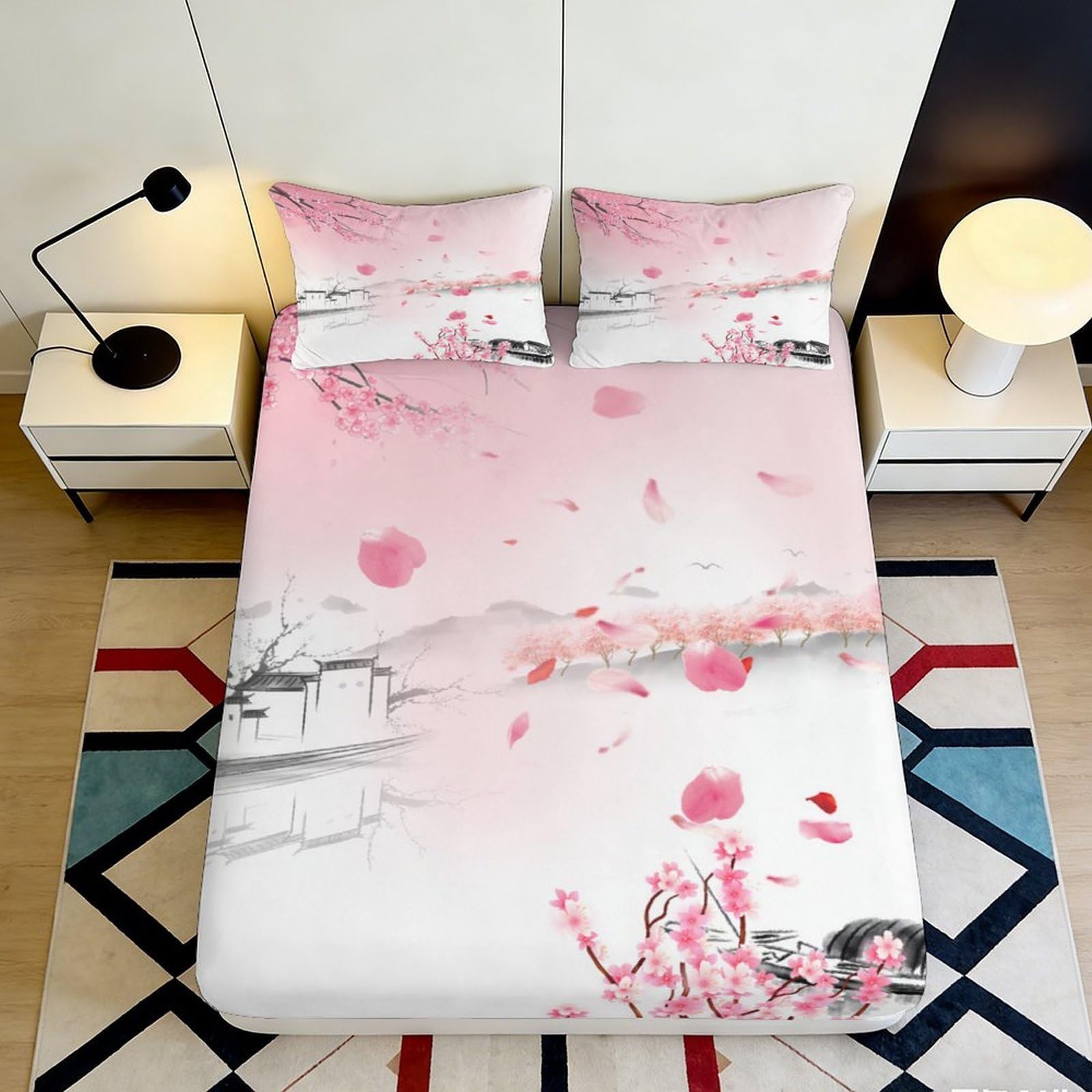 Uxinyoume Style-7 3D Printed Cherry Blossom Art Fitted Sheet Microfiber Soft Bed Cover Pink Scenery Mattress Cover For Bedroom Decor 90X200x25cm