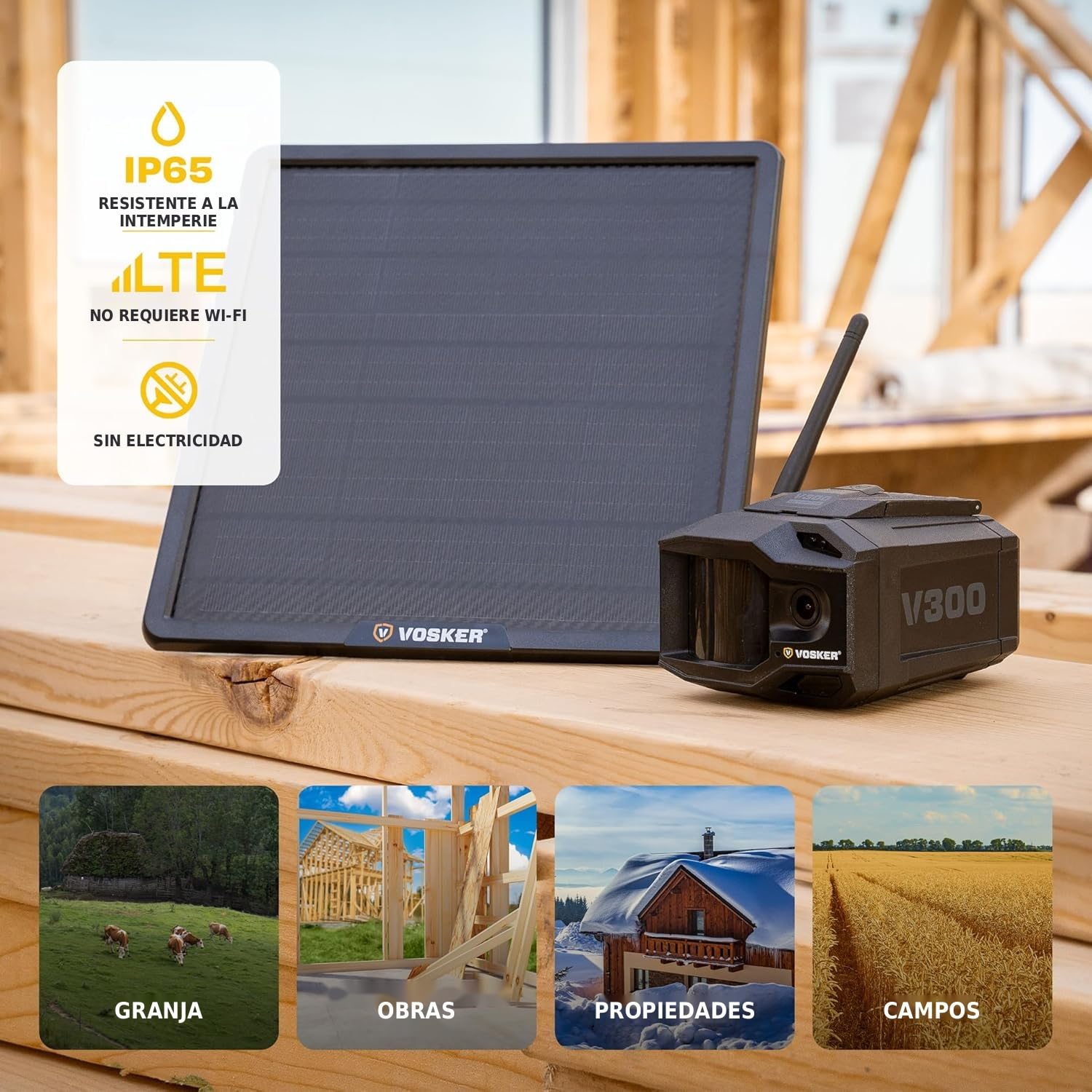 Vosker V300 Ultimate Cámara de Seguridad Exterior Autónoma 4G-LTE | Banco de Energía Solar Externo de Alta Capacidad de 15.000 mAh | Tarjeta SIM Incluida | No Necesita WiFi | Transmisión en Directo