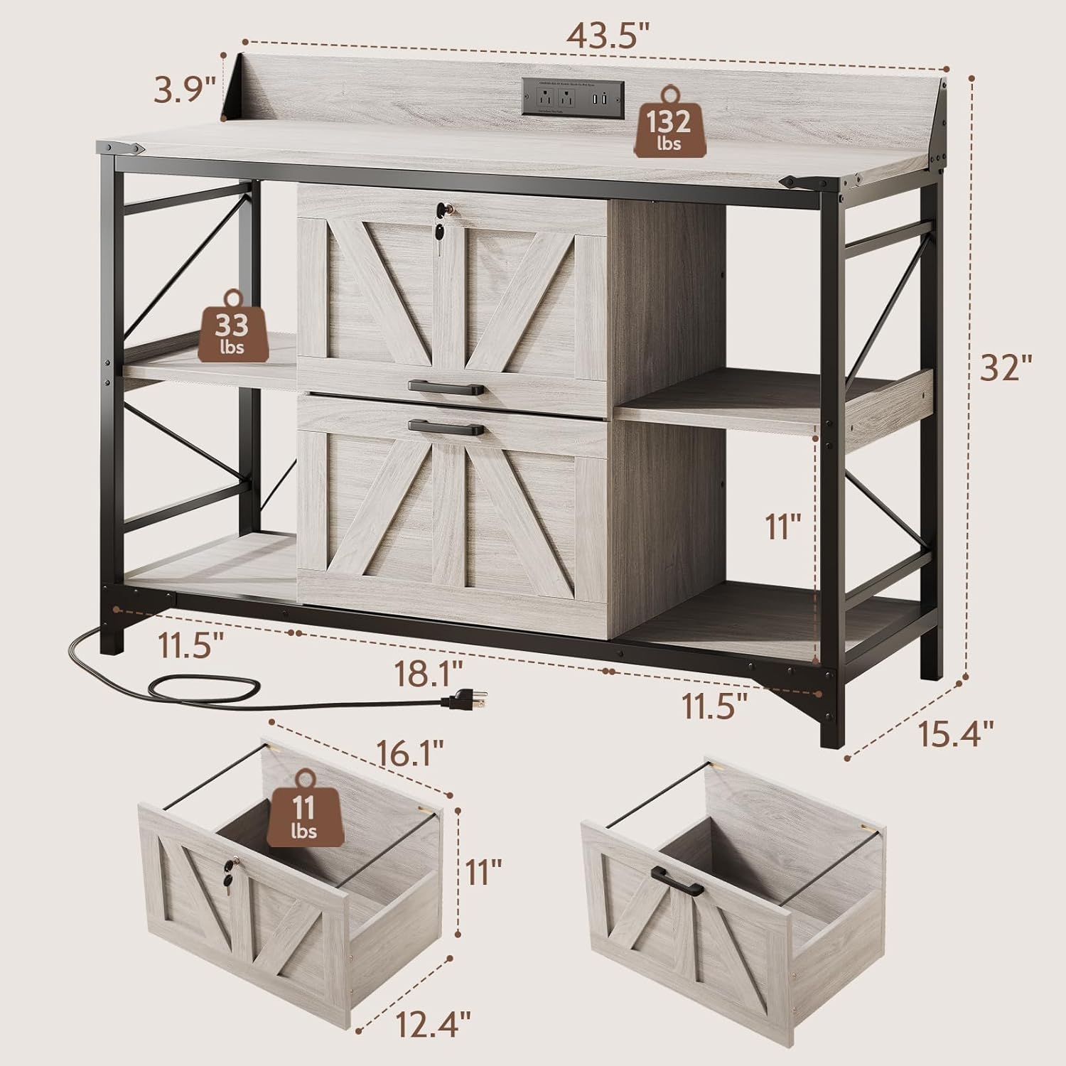 44" File Cabinet, Lateral Filing Cabinet for Home Office with 2 Drawers, Office Storage Cabinet with Lock and Key, Wooden Printer Stand with 4 Storage Shelves and Power Outlets, Office Furniture, Grey