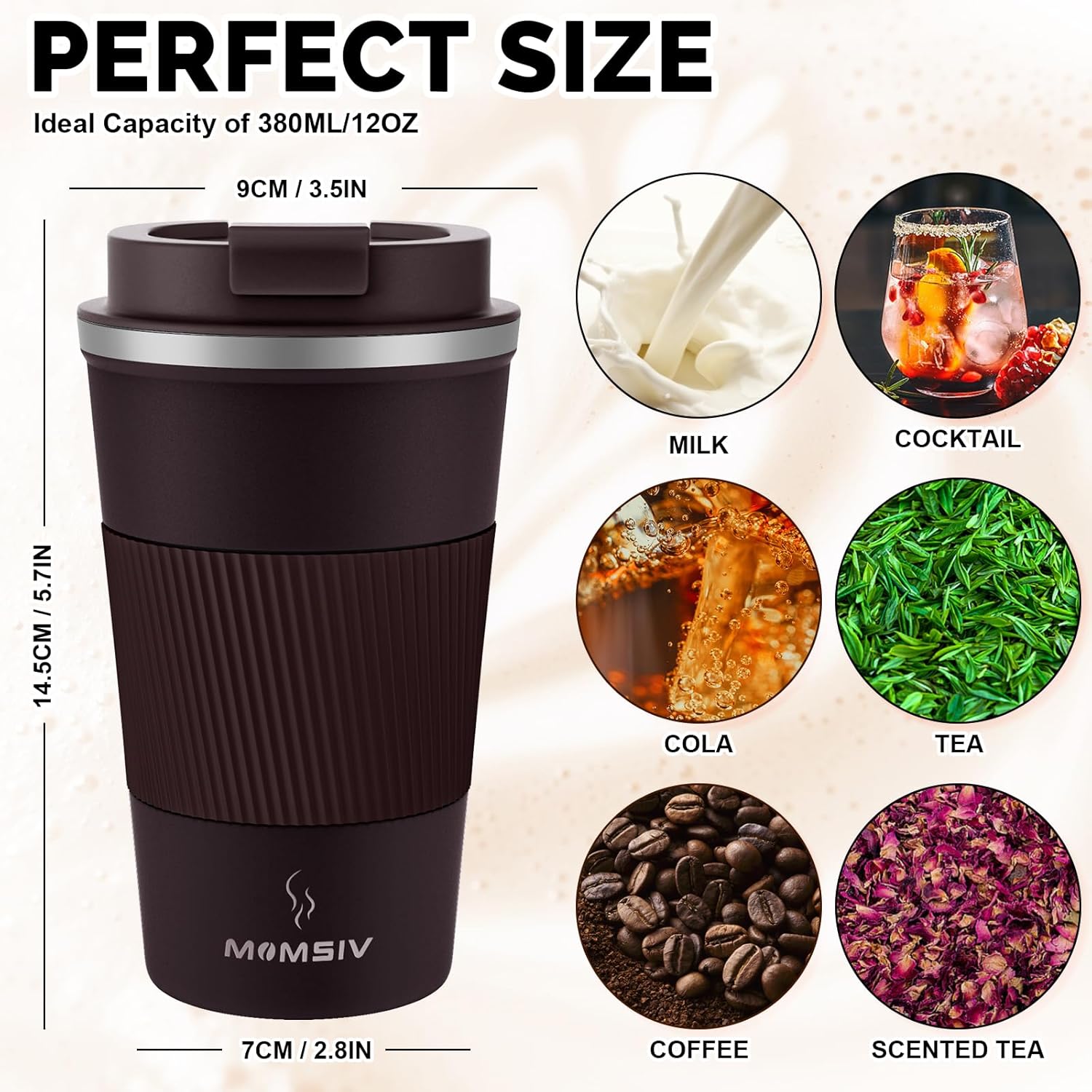 MOMSIV 12oz Travel Mug, Insulated Coffee Cup with Leakproof Lid, Vacuum Stainless Steel Double Walled Reusable Tumbler for Hot and Cold Water Coffee and Tea In Travel and Car (Brown) - Image 2