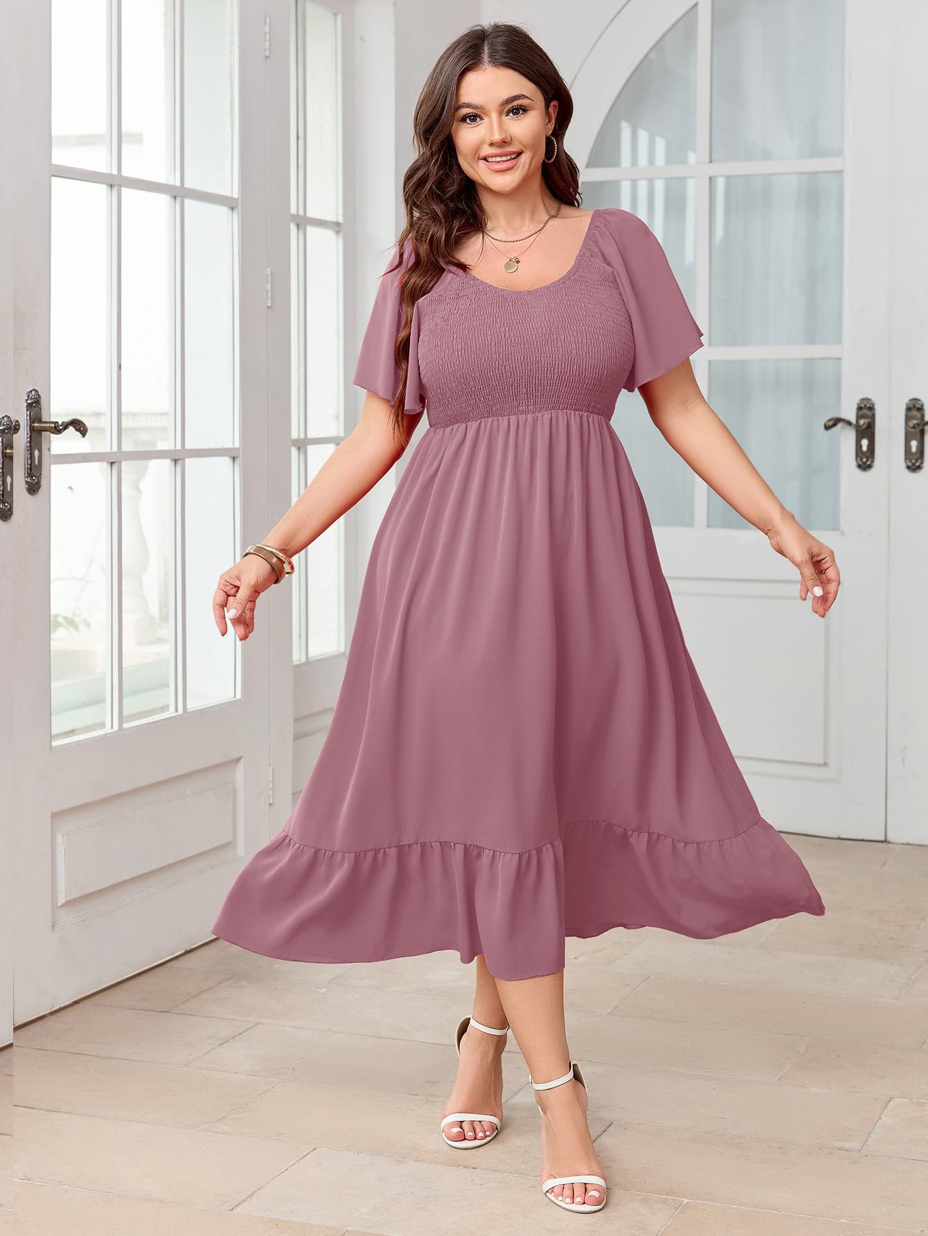 SCOMCHIC Damen Plus Size Sommerkleid Casual Kurzarm U-Ausschnitt Maxikleid Gesmokte Rüschen Boho Flowy Lange Kleider