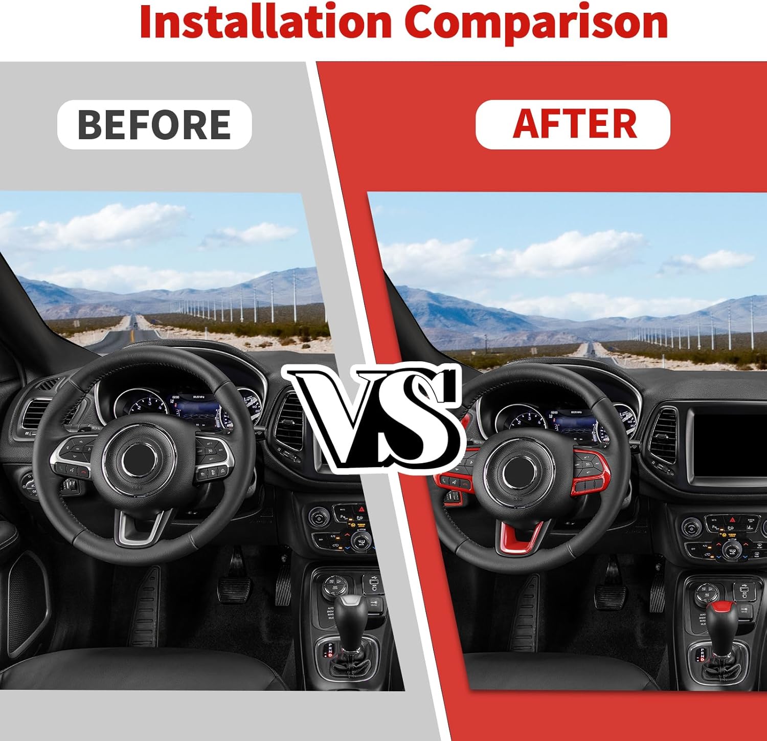 Jimen Fit for Jeep Compass 2017-2020, 8PCS Red Interior Trim Kits - Dash Air Vent Cover, Headlight Switch Trim, Shifter Knob Cover, Front Cup Holder Frame