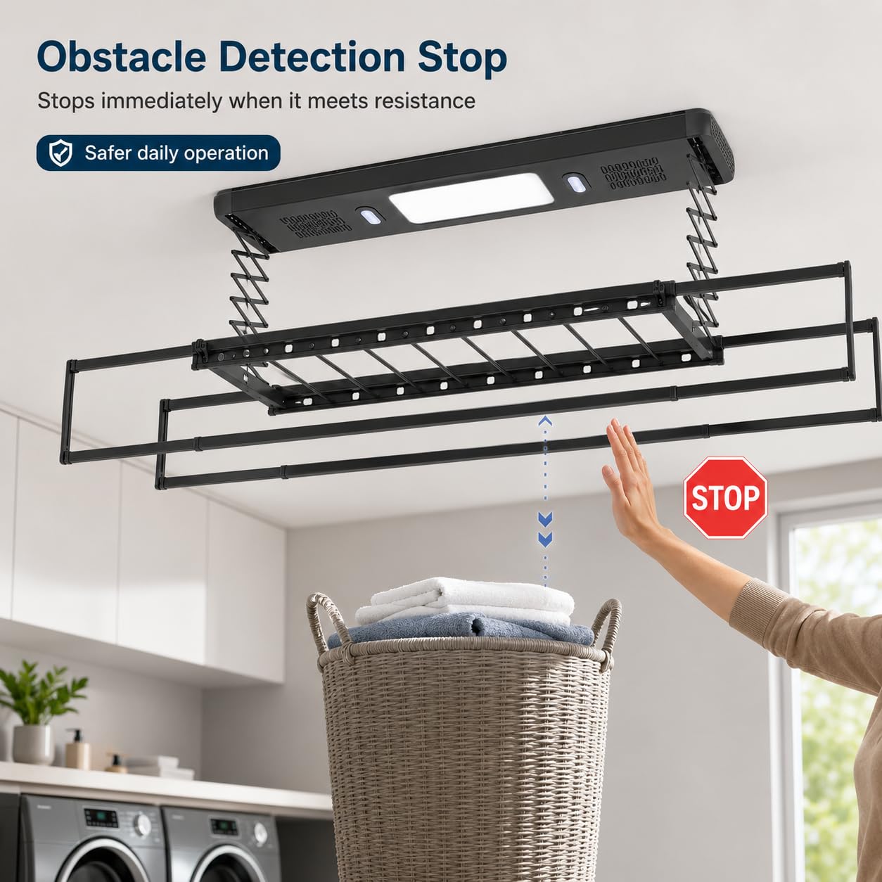 Stendibiancheria elettrico da soffitto con telecomando e luce LED, lunghezza e altezza regolabili, stendibiancheria a parete e soffitto, per famiglie, balconi, appartamenti (nero)