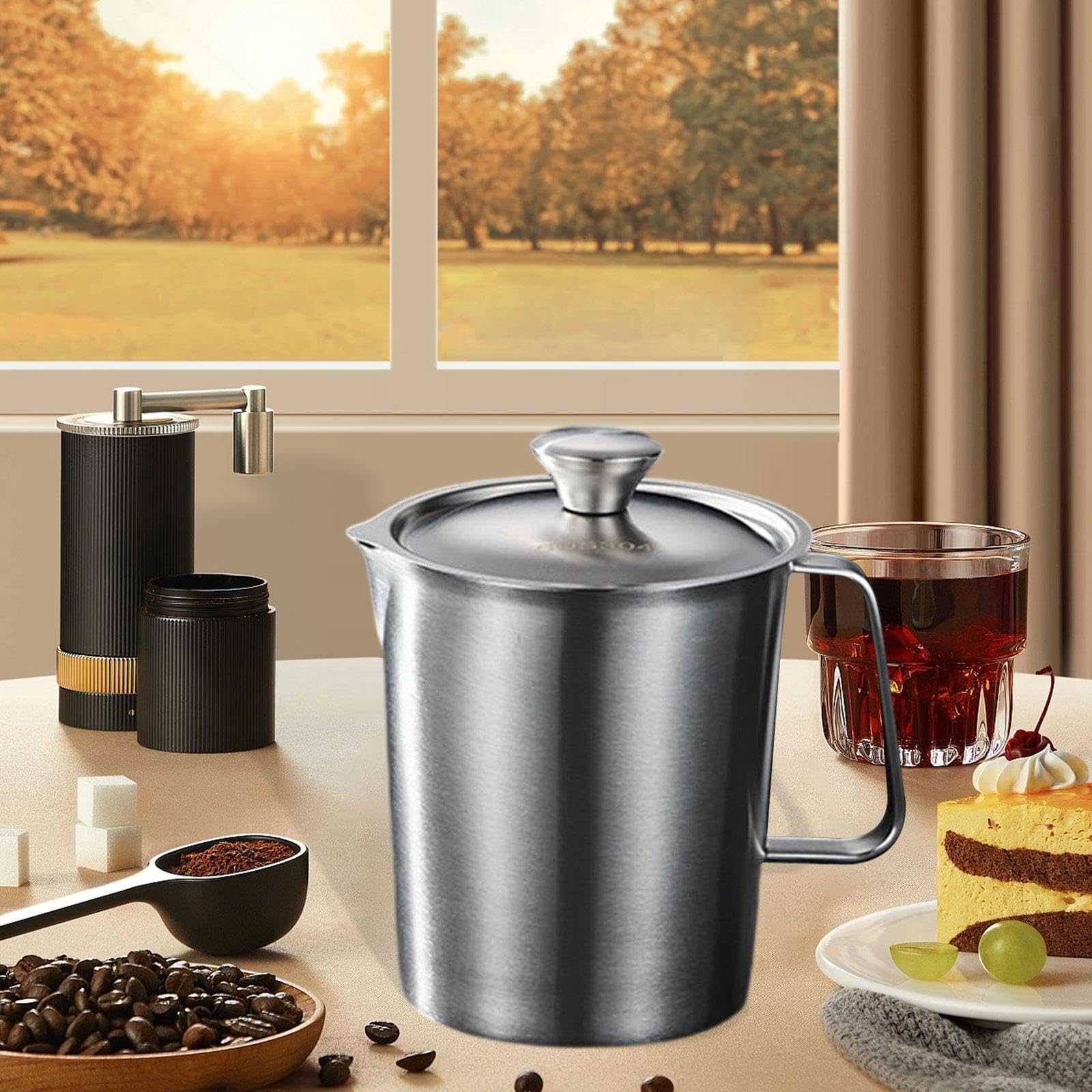Gralara Vaso Medidor Acero Inoxidable Taza Medidora Jarra con Tapa Indicador Mililitros Onzas Asa Práctica Adecuada para Cocina Cafetería Panadería, 1000ml