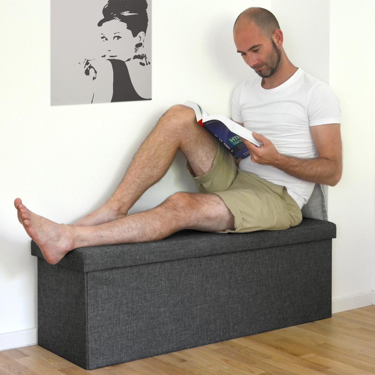 DuneDesign Otomana XXL Banca Plegable 110x38x38cm Incl 2 Paredes divisorias 120L pie de Cama Rectangular sofá Forrado con Tela 3 plazas Gris Oscuro