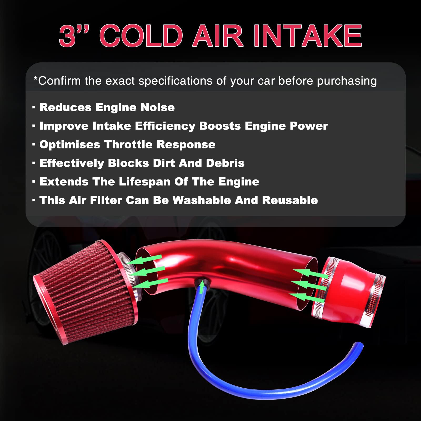 Kit di filtri d'induzione 76 mm, filtro a cono universale in alluminio, tubo di aspirazione per motori auto, rosso