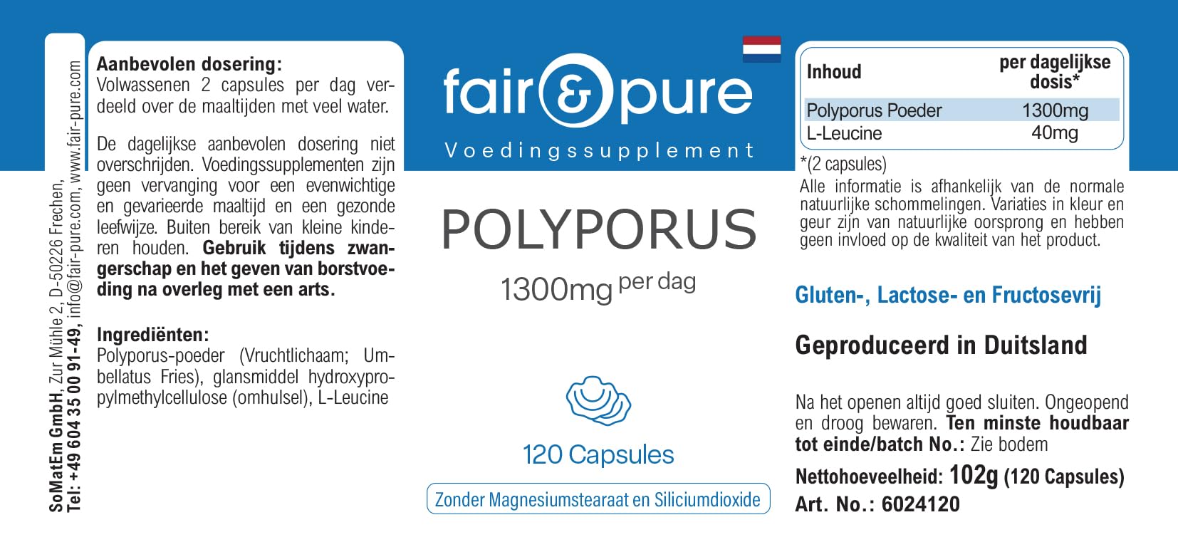 Fair & Pure® - Polyporus umbellatus - Polyporus 1300mg - Vegan - Polvere in capsule - 120 Capsule