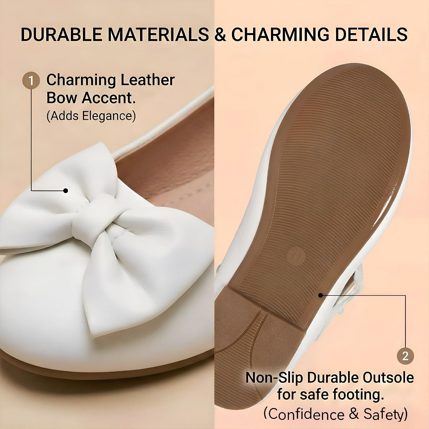 Girls Dress Shoes White Mary Jane Flats with Bow Ankle Strap Princess Party Wedding Shoes for Little Kid/Big Kid