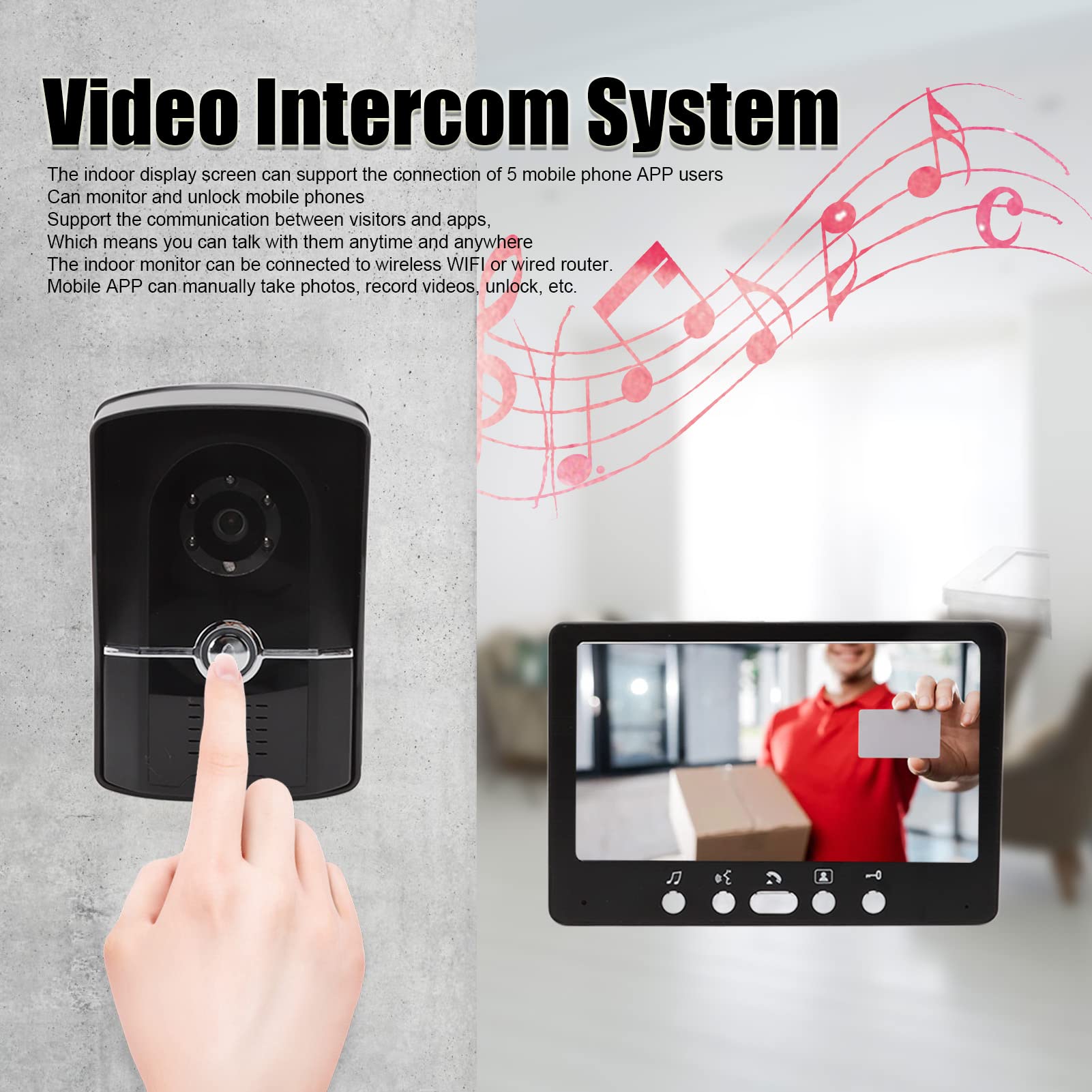 Sistema De Intercomunicación con Videoportero con Pantalla HD, Soporte En Varios Idiomas, 16 Tonos De Llamada, Conectividad De Aplicaciones Móviles, Cubierta para Lluvia, Montaje En Pared(EU)