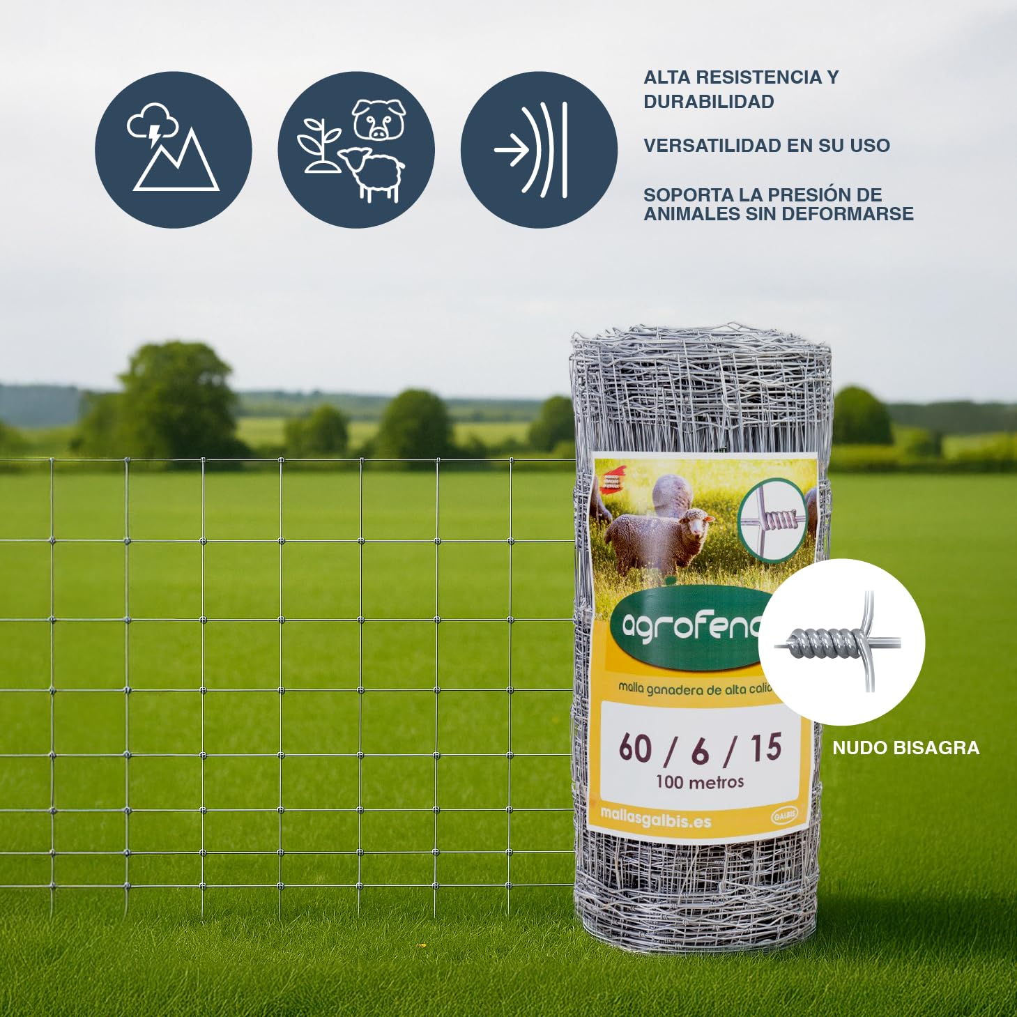 Malla Anudada Agrofence 120/9/15 | Rollo de: 50m | Color: Gris | Diámetro: 2.4mm