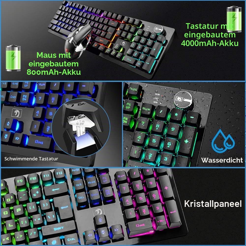 FELiCON Kombi-Sets für drahtlose Tastatur und Maus, 4800mAh, 16 Arten von wiederaufladbaren RGB-LED-Gaming-Tastaturen mit Knopfsteuerung und ergonomischer 7-Farben-LED-Hintergrundbeleuchtung