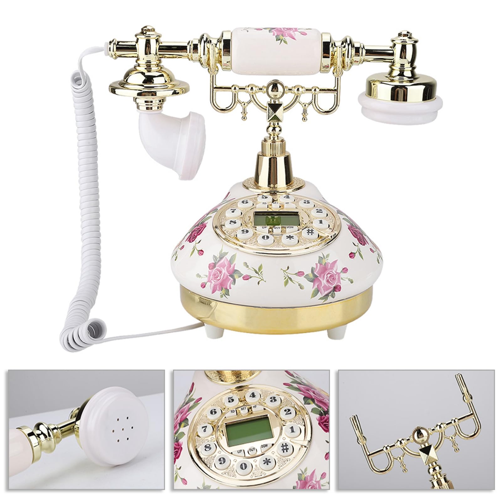 MS - 9101 Telefono d’epoca retrò in stile antico, telefono da ufficio in ceramica con schermo intelligente multiangolare e identificazione chiamante, supporto dorato rimovibile per
