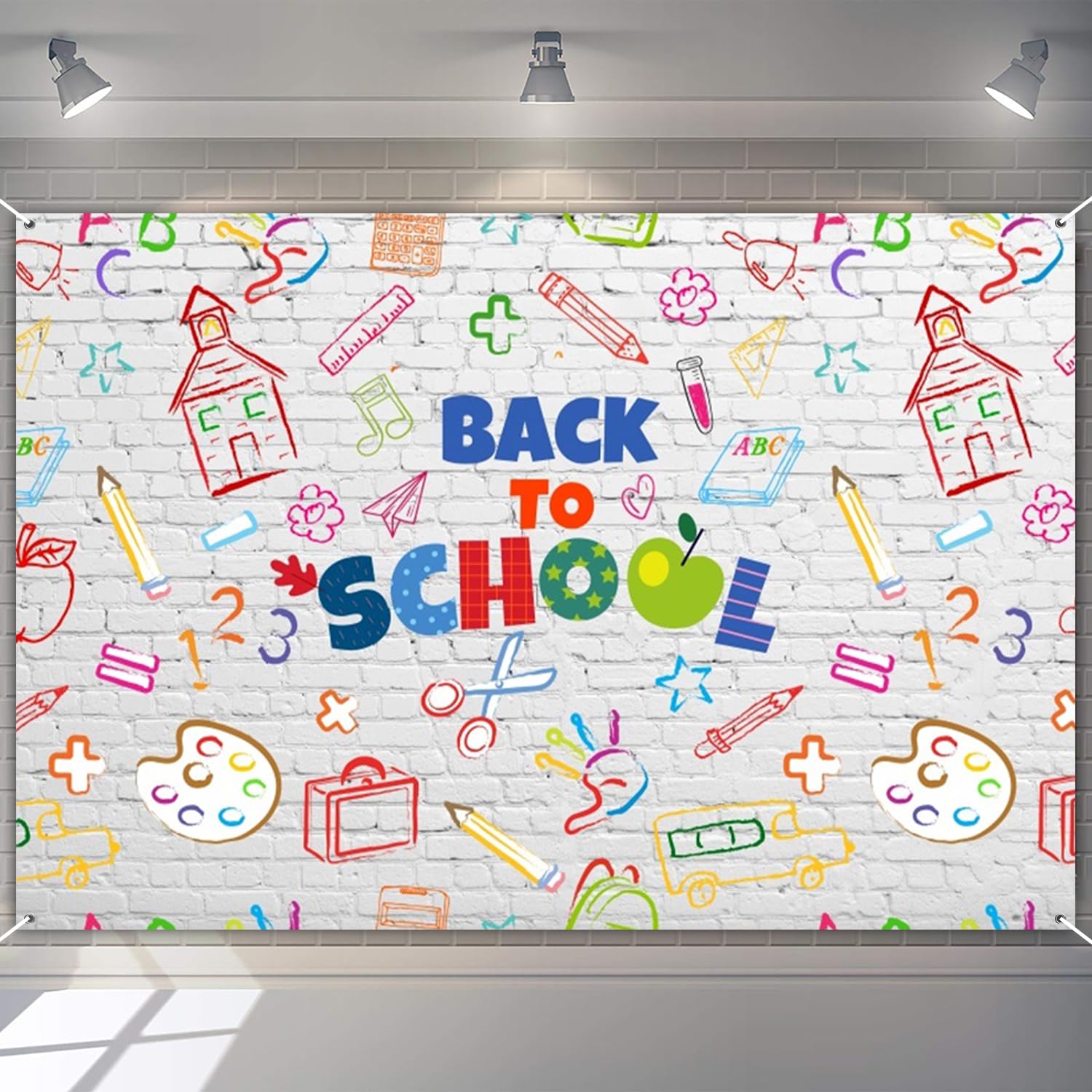 Duluxykl Back to School Backdrop, 6x4ft Hand Painted Pencils Notebook White Brick Classroom Wall Photography Background, First Day of School