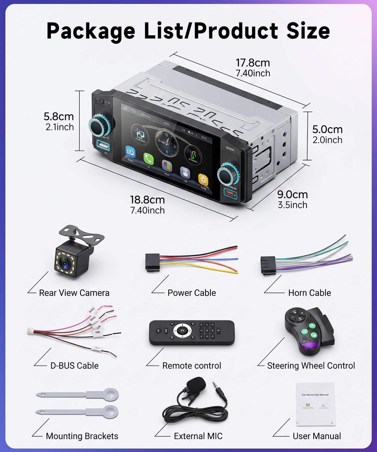 Rimoody Radio de Coche 1 DIN con Inalámbrico Carplay Android Auto Bluetooth 5.2 FM/Am/RDS, 5 Pulgadas Touchscreen Radio Coche iOS/Android Mirror Link EQ/USB/Tipo C Comandos al Volante Cámara Trasera