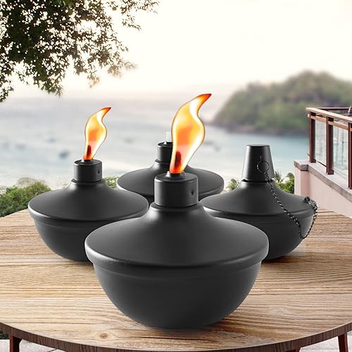 Miniatura 8 de Paquete de 4 antorchas de metal para mesa, 22 onzas de citronela para exterior, linterna de llama recargable, linterna decorativa de mesa