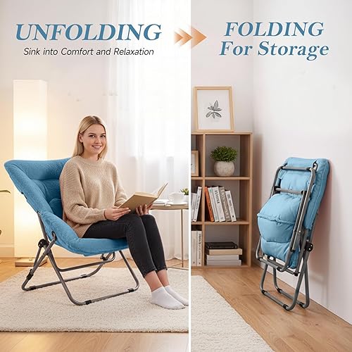 Miniatura 31 de Silla platillo, cómodas sillas de dormitorio, silla plegable de piel sintética de gran tamaño, silla plegable con marco de metal para sala de estar,