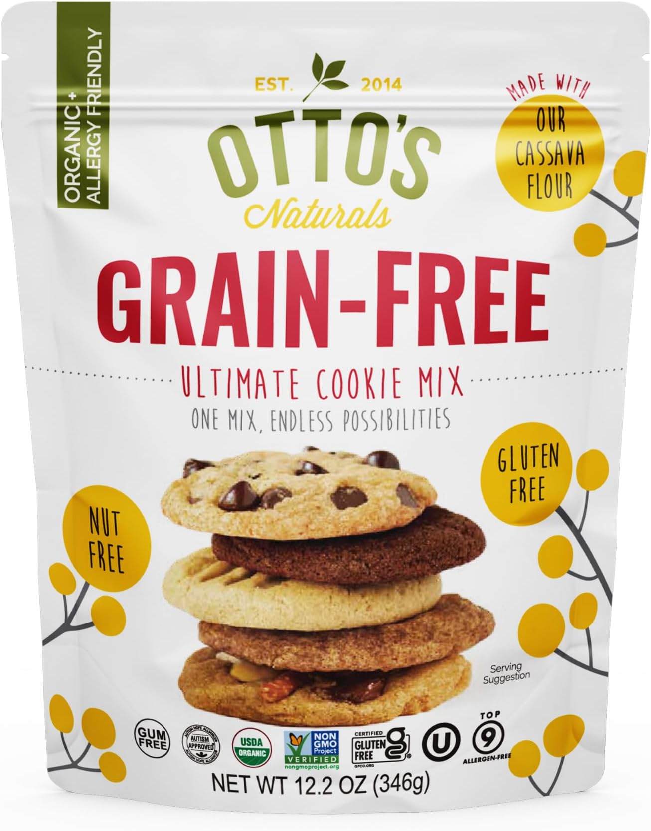 Otto's Naturals Grain-Free Ultimate Cookie Mix, 12.2 Oz., Top 9 Allergen-Free, Organic Cassava Flour, Gluten Free, Non-GMO, Vegan, Plant-Based