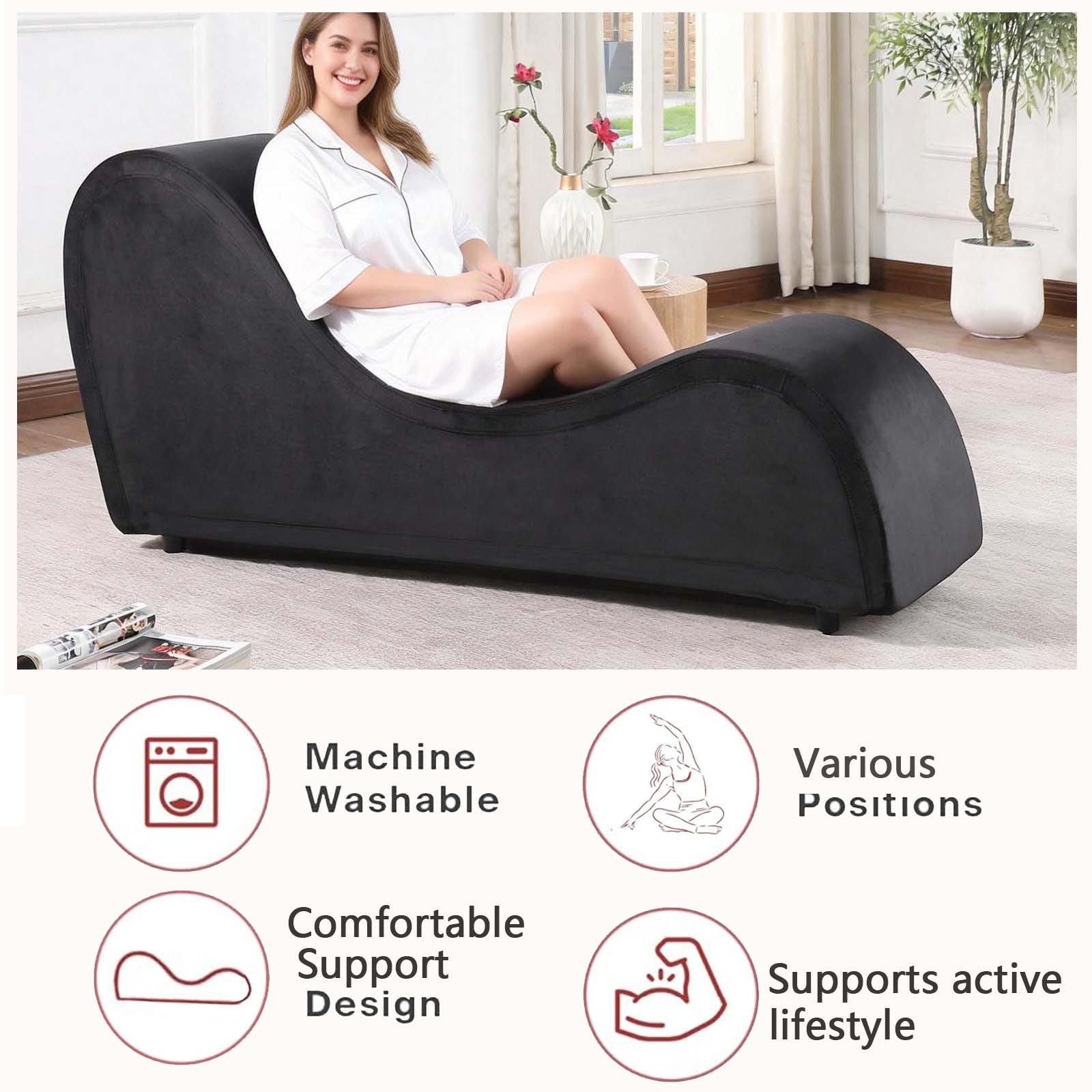 Chaise Lounge Chair with Cover, Heavy-Duty Metal Frame for Exercise, Stretching, Relaxation, Indoor Sport for Living Room(Grey Velvet): Black