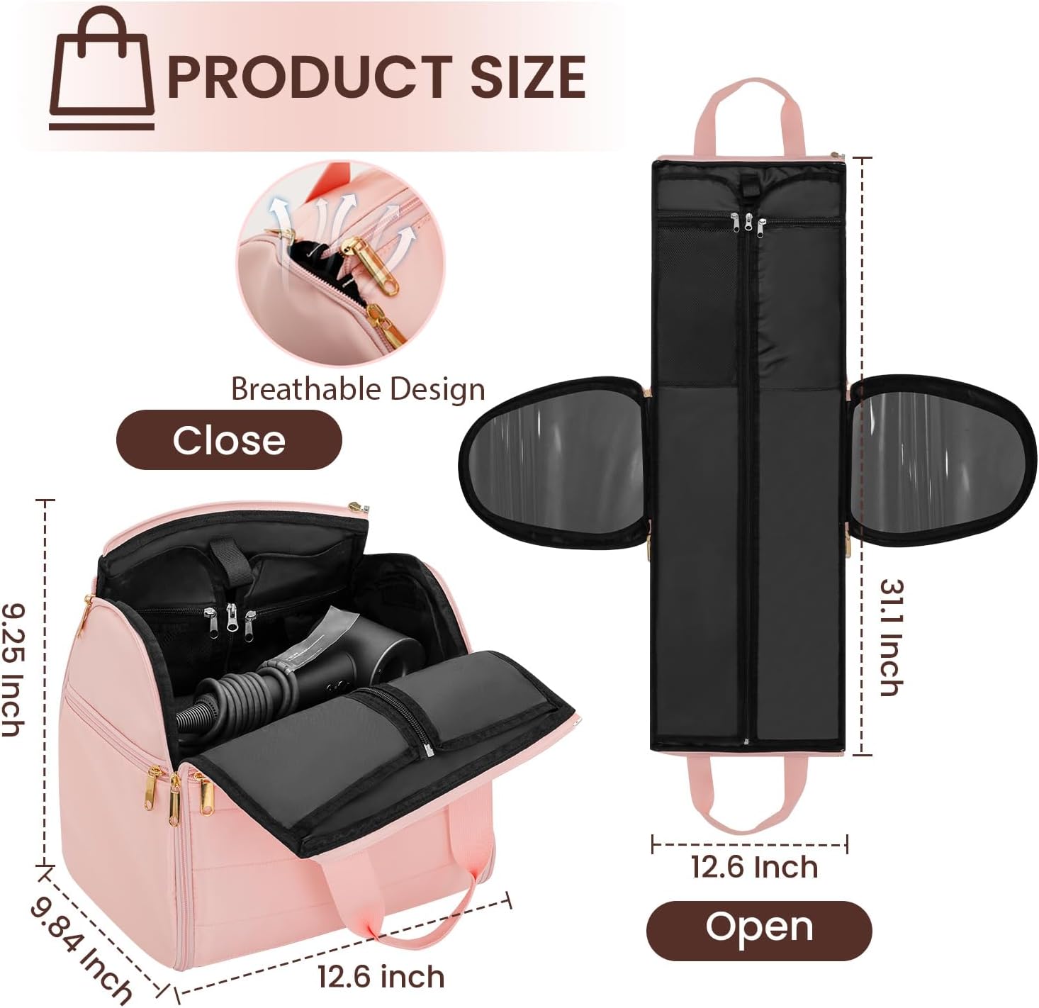 Wig Storage Bag Holds 3 Wigs Hair Tools Travel Bag Full-Open Breathable Organizer Case for Clips, Hair Dryer, Flat Curling Iron Brushes,Cosmetic Toiletry Tote Valentine's Gift for Women Stylist