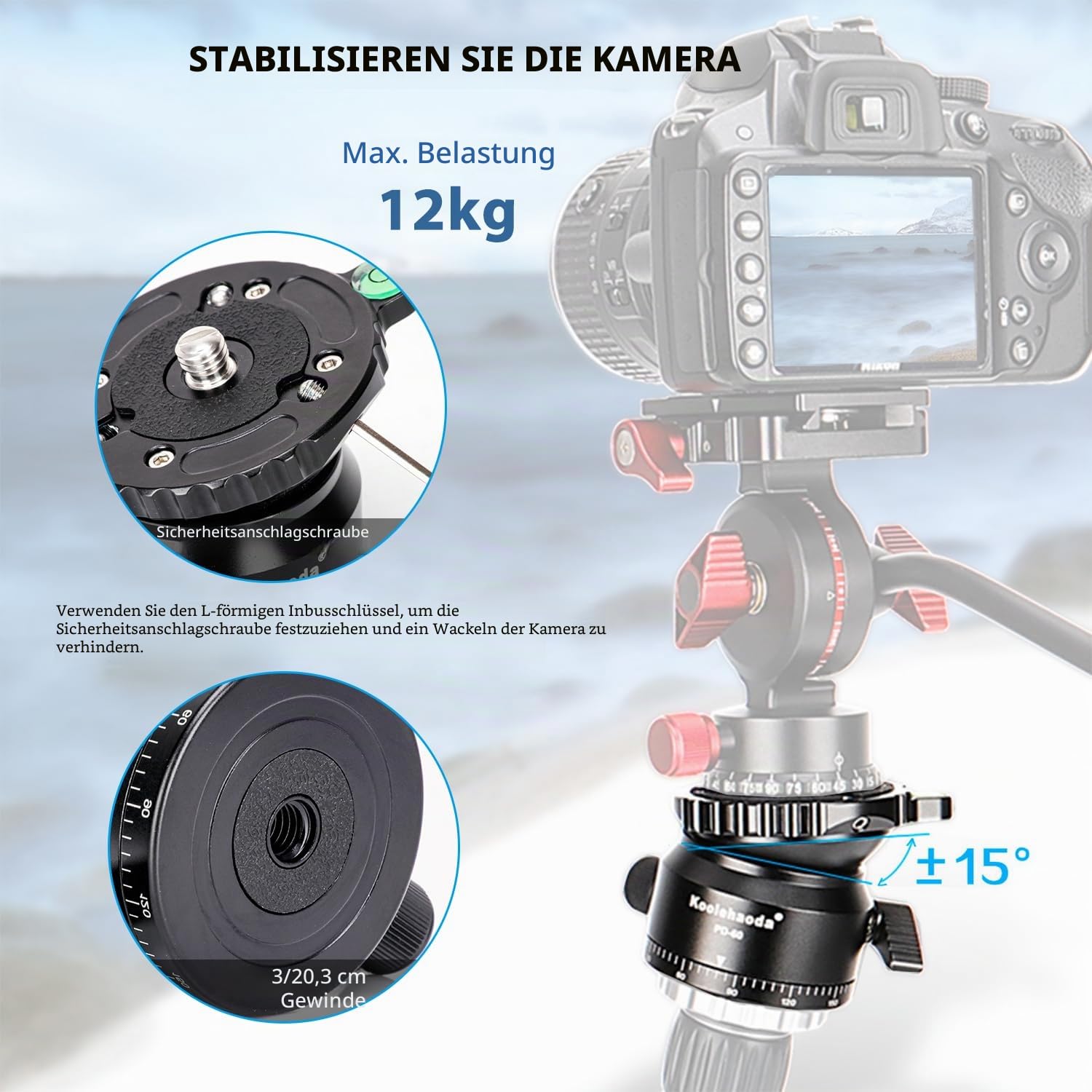 Koolehaoda PD-60 Stativ Nivellierbasis Leveling Base mit 3/8" Gewinde und 360° Panorama-Basis, +/- 15 Grad Präzisionseinstellung für Videokopf, Stative und Einbeinstativ