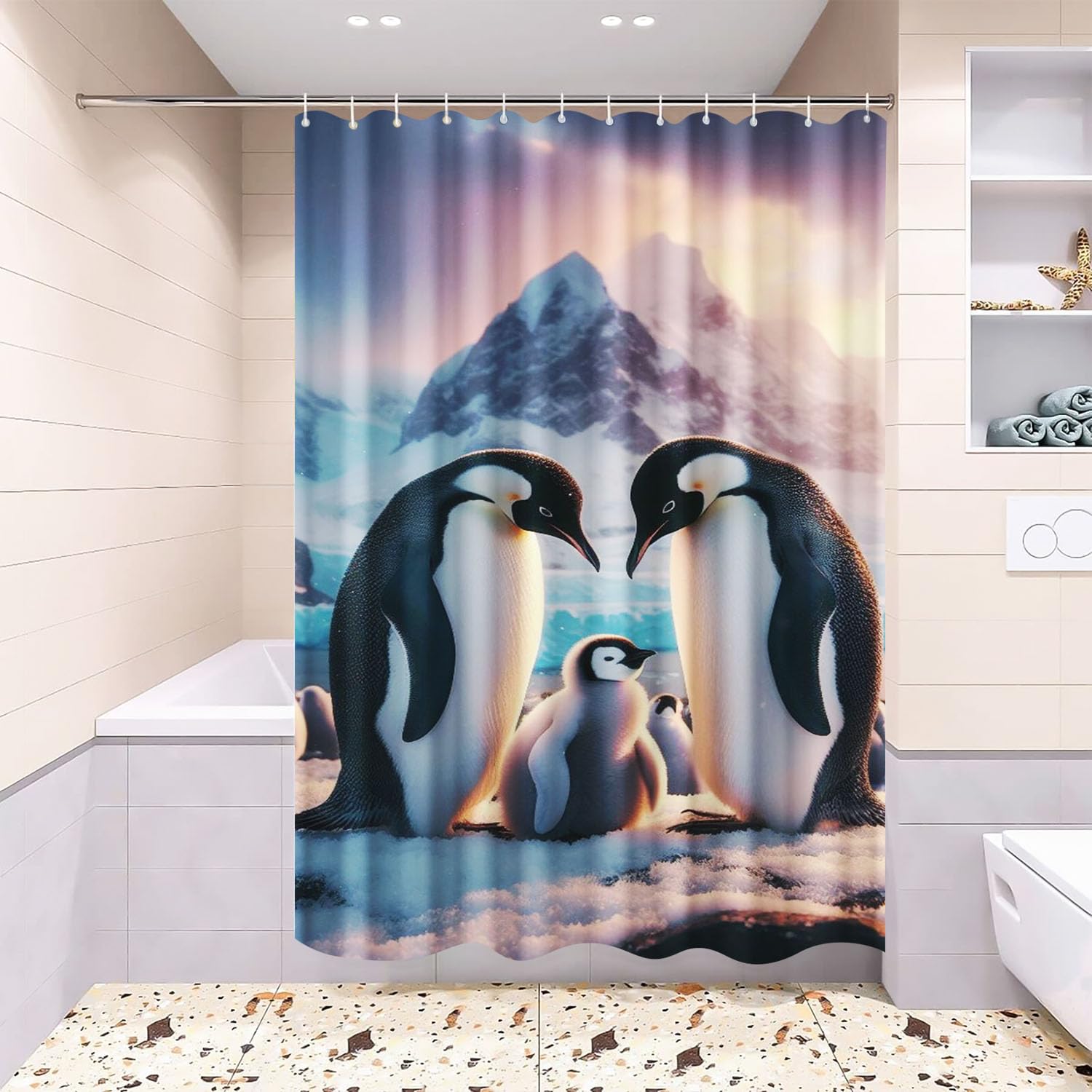Pinguin Duschvorhang 120x200cm, 3D Süßer Pinguin Kinder Badvorhang Wasserdichtes Polyester Funny Penguins Duschvorhang Badezimmermatte 4-teiliges Set (6,180x200cm)