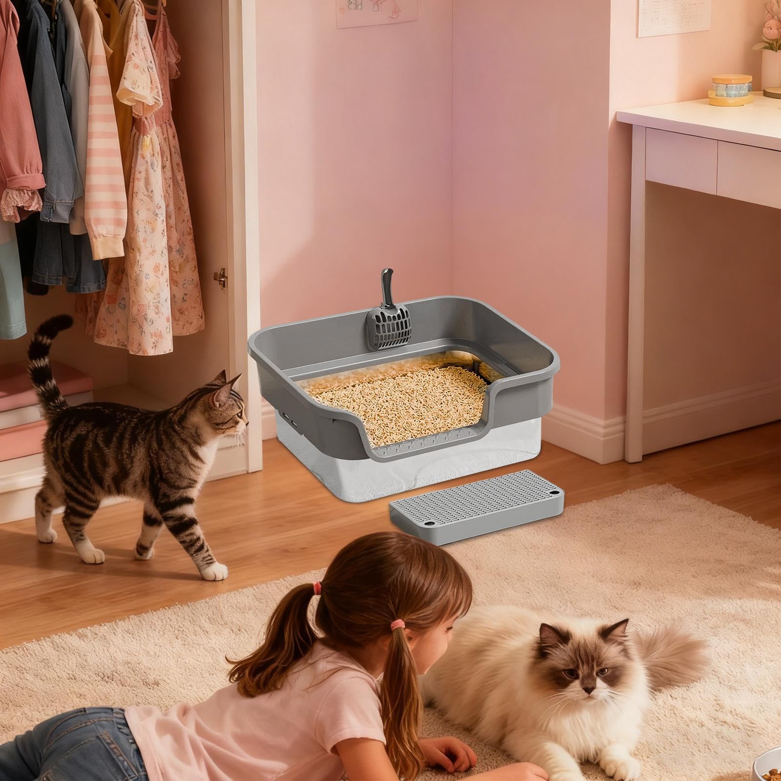 Lettiera per gatti in metallo, in acciaio, con bordi alti, lettiera per interni per piccoli animali, per appartamenti, camere da, balcone, terrazza, giardino e posizionamento ad angolo