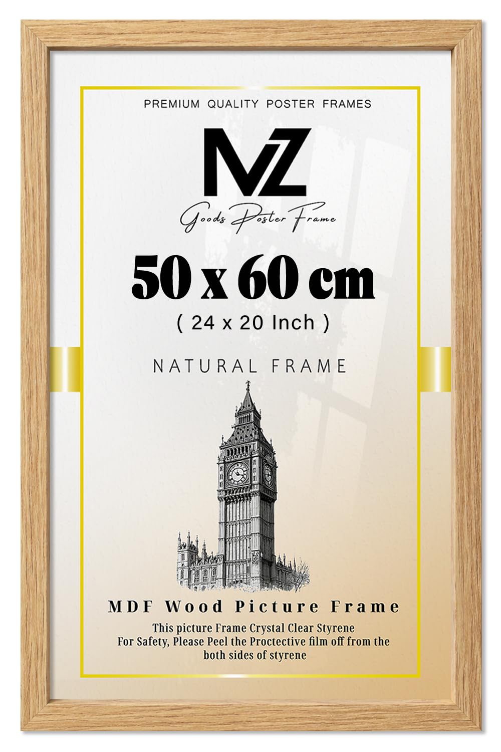 MZ GOODS | MDF Poster Frame (50 x 60 CM) 60 cm x 50 cm for Art, Wall Gallery & Interior Design, Sturdy MDF Wood Finish, Easy Hanging Hooks Included [ Oak ]