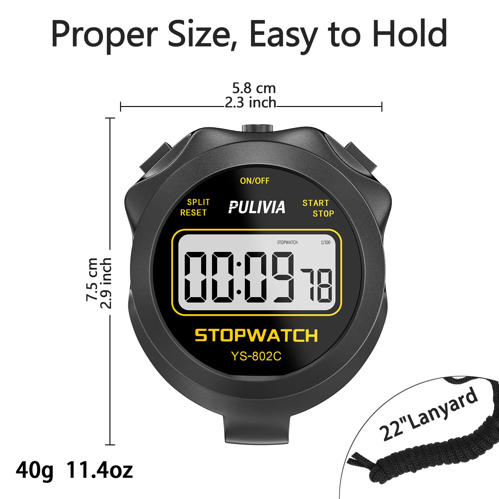 Cronometro Sportivo con Pulsante Silenzioso e ON/OFF, Senza Orologio né Calendario per un Facile Utilizzo, Cronometro Digitale PULIVIA per Bambini, Allenatori, Allenamento e Corsa, Nero