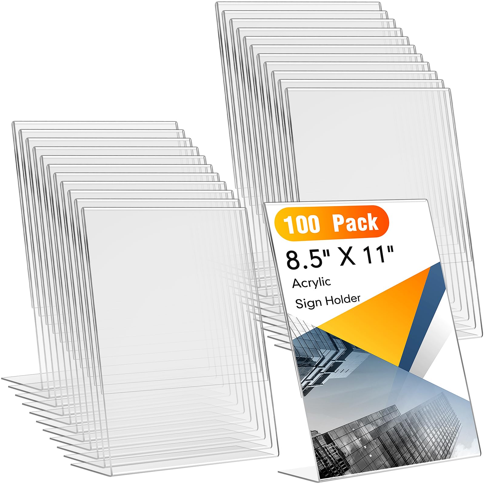 Vicenpal 100 supporti per cartelli in acrilico trasparente, 21 x 28 cm, supporto inclinato per foto, volantini, supporto verticale a forma di L, supporto da tavolo per ufficio e negozio