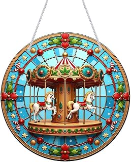 Acrylic Stained Panel Hanging-Stained Glass Frames Carousel Horses Round Stained Acrylic Hanging Ornament,Wall Art Panel for Indoor/Outdoor Decor, Garden Decoration Or Housewarming GIF