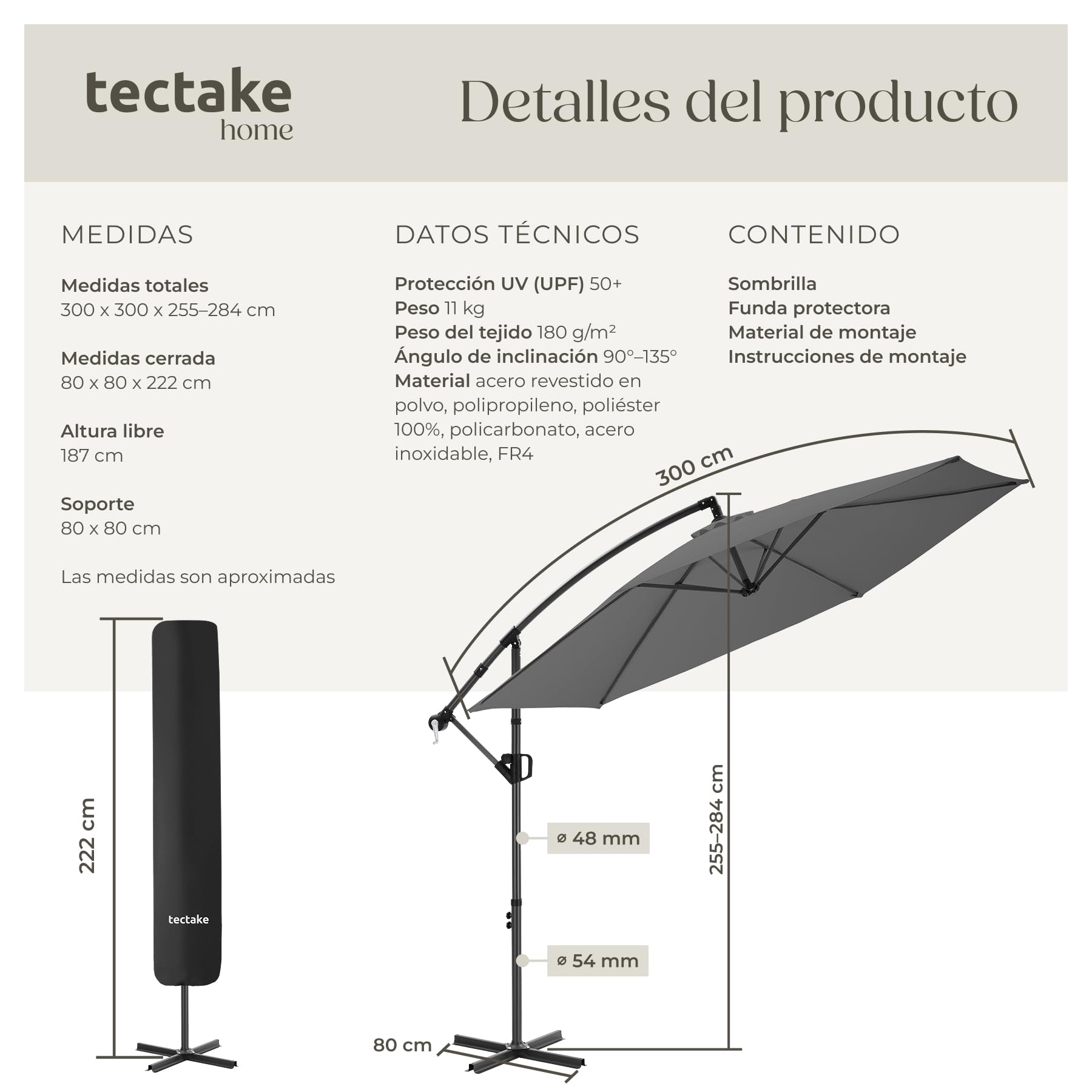 tectake® Sombrilla Terraza Exterior con Manivela Inclinación Regulable, Parasol Terraza Exterior con Doble Techo y Funda Protectora, Sombrillas Jardin Grandes, Muebles Jardin - 3 x 3 m
